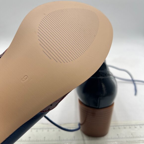 FOWT Blue Brown Perforated Lace-Up Oxfords Almond Toe Mid Chunky Heel Shoes - Picture 6 of 8